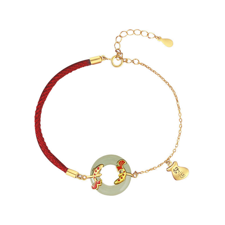 Pulsera de plata de ley 999 con Buddha Stones , jade blanco hetiano, doble pez Koi, hebilla de la paz, amuleto de la suerte y riqueza
