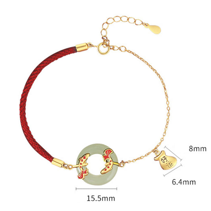 Pulsera de plata de ley 999 con Buddha Stones , jade blanco hetiano, doble pez Koi, hebilla de la paz, amuleto de la suerte y riqueza