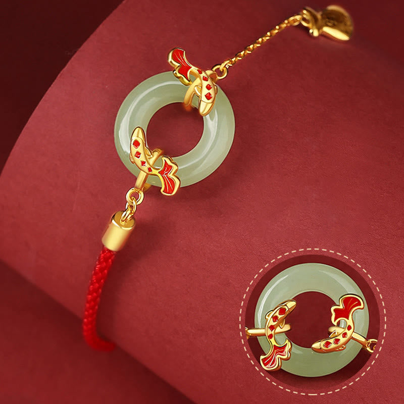 Pulsera de plata de ley 999 con Buddha Stones , jade blanco hetiano, doble pez Koi, hebilla de la paz, amuleto de la suerte y riqueza