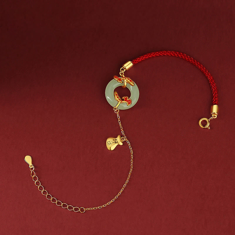 Pulsera de plata de ley 999 con Buddha Stones , jade blanco hetiano, doble pez Koi, hebilla de la paz, amuleto de la suerte y riqueza