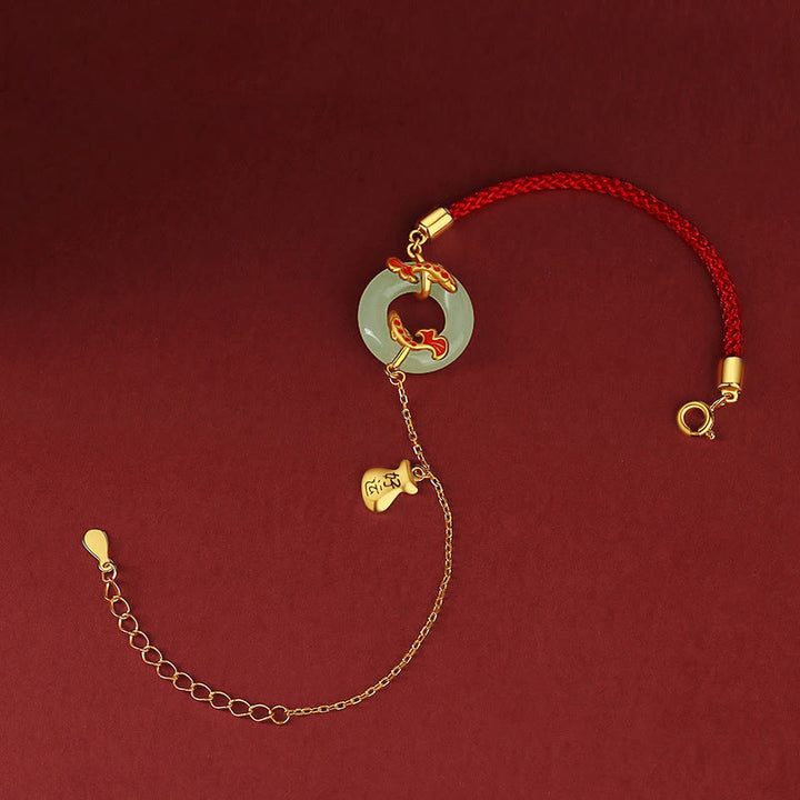 Pulsera de plata de ley 999 con Buddha Stones , jade blanco hetiano, doble pez Koi, hebilla de la paz, amuleto de la suerte y riqueza