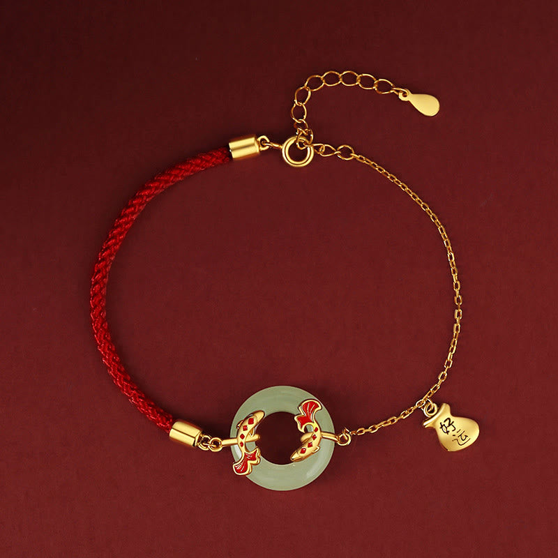 Pulsera de plata de ley 999 con Buddha Stones , jade blanco hetiano, doble pez Koi, hebilla de la paz, amuleto de la suerte y riqueza