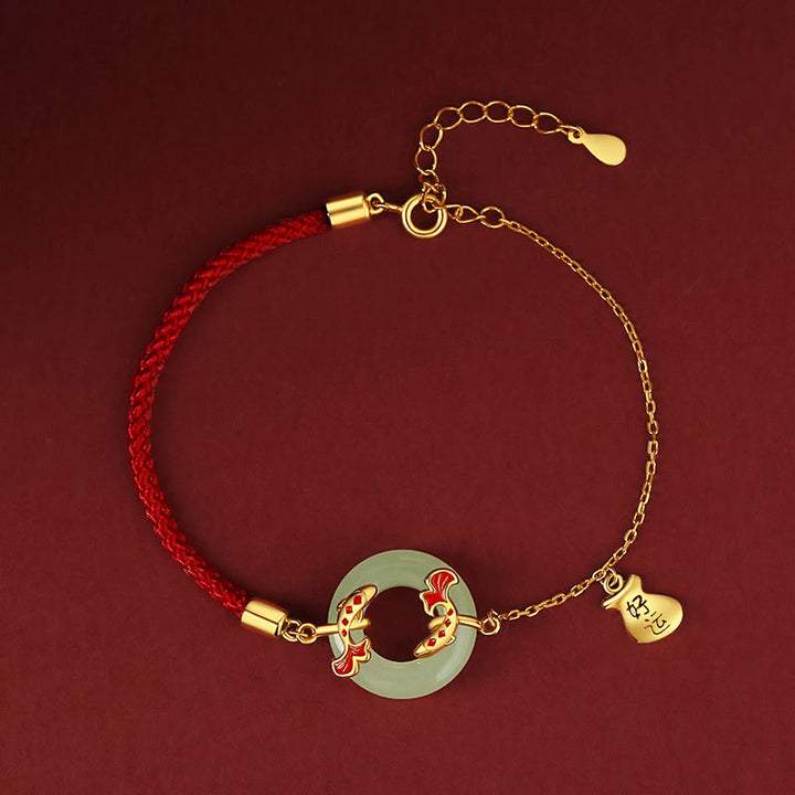 Pulsera de plata de ley 999 con Buddha Stones , jade blanco hetiano, doble pez Koi, hebilla de la paz, amuleto de la suerte y riqueza