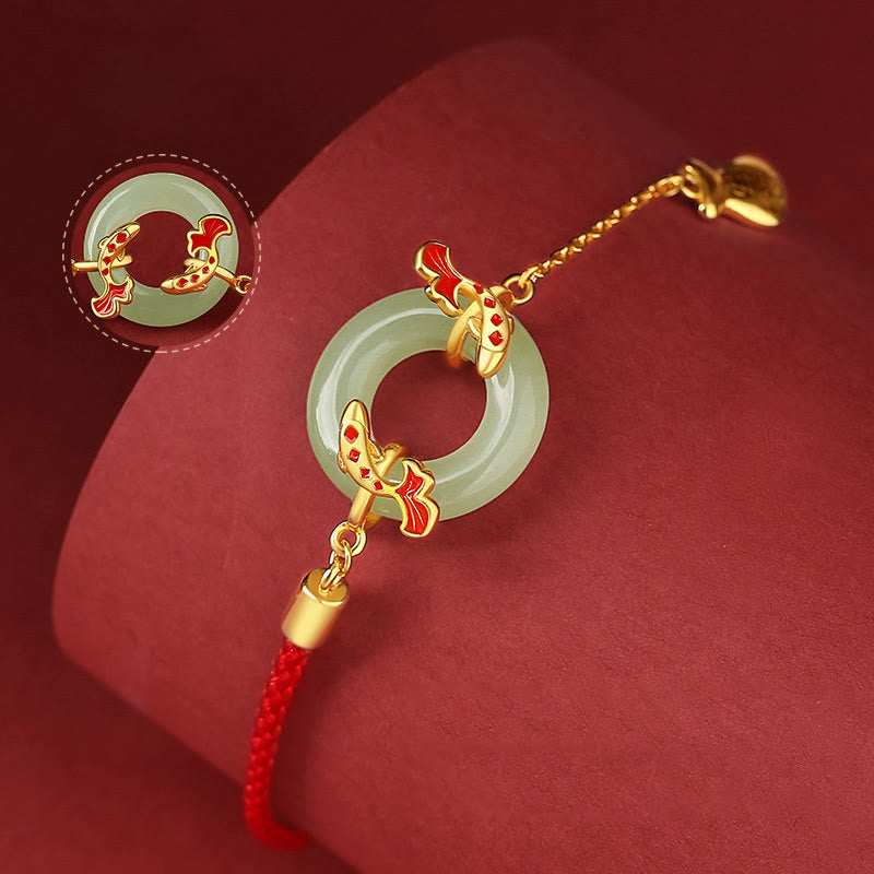 Pulsera de plata de ley 999 con Buddha Stones , jade blanco hetiano, doble pez Koi, hebilla de la paz, amuleto de la suerte y riqueza