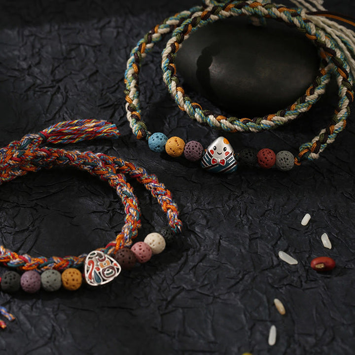 Pulsera trenzada de la suerte con Buddha Stones, Festival del Bote del Dragón, cuerda colorida, roca de lava, personaje Fu, albóndigas de arroz