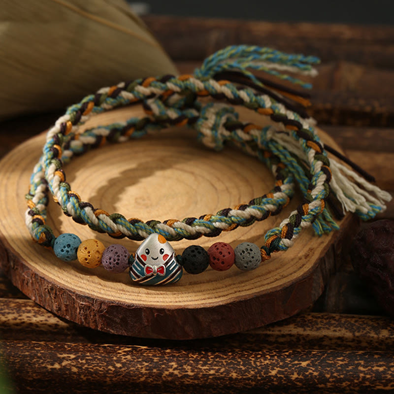 Pulsera trenzada de la suerte con Buddha Stones, Festival del Bote del Dragón, cuerda colorida, roca de lava, personaje Fu, albóndigas de arroz