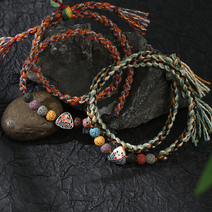 Pulsera trenzada de la suerte con Buddha Stones, Festival del Bote del Dragón, cuerda colorida, roca de lava, personaje Fu, albóndigas de arroz