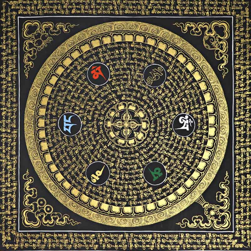 Pintura Thangka tibetana con Buddha Stones , escritura Om Mani Padme Hum, decoración hecha a mano (estilo aleatorio)