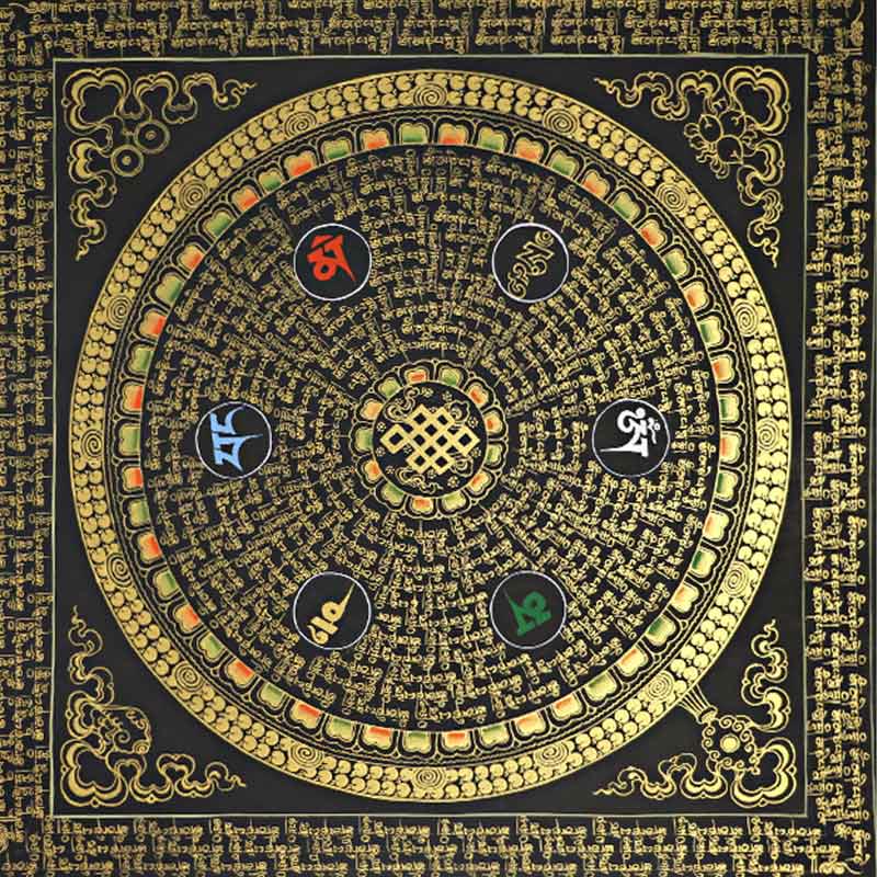 Pintura Thangka tibetana con Buddha Stones , escritura Om Mani Padme Hum, decoración hecha a mano (estilo aleatorio)