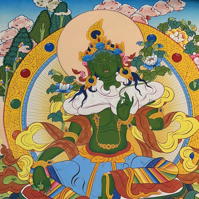 Pintura Thangka tibetana con Buddha Stones , amarilla, Dios de la Riqueza, Tara Avalokitesvara verde, decoración hecha a mano, caja ciega (estilo aleatorio)