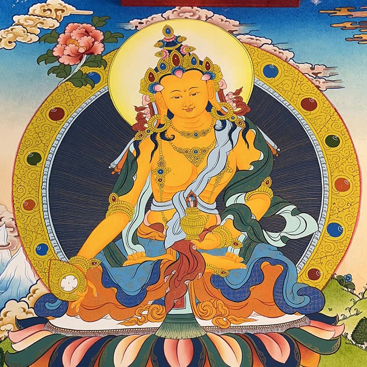 Pintura Thangka tibetana con Buddha Stones , amarilla, Dios de la Riqueza, Tara Avalokitesvara verde, decoración hecha a mano, caja ciega (estilo aleatorio)