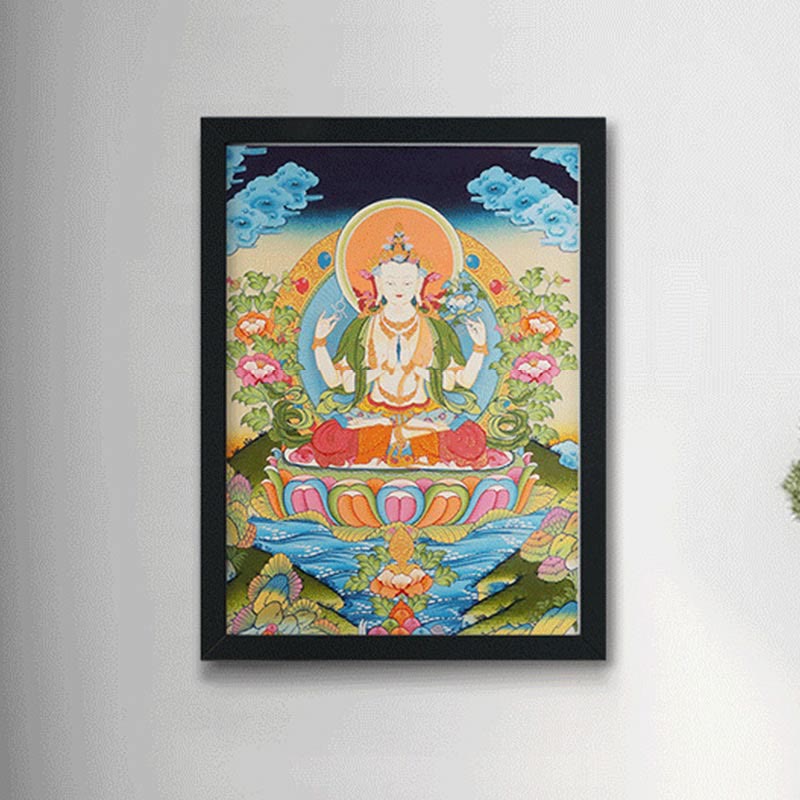 Pintura Thangka tibetana con Buddha Stones , amarilla, Dios de la Riqueza, Tara Avalokitesvara verde, decoración hecha a mano, caja ciega (estilo aleatorio)