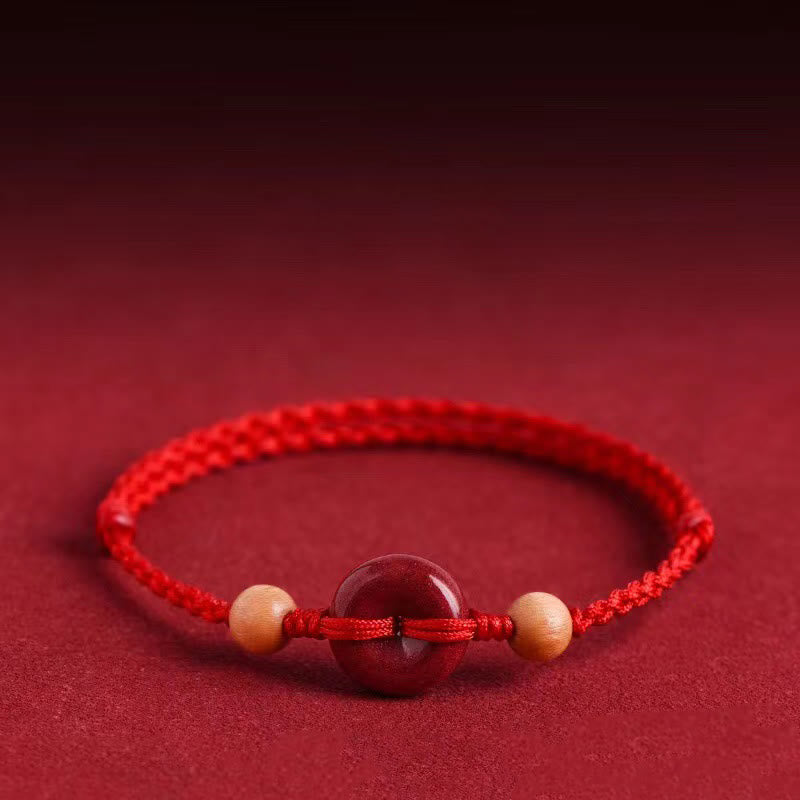 Pulsera tobillera con Buddha Stones, madera de melocotón, hebilla de la paz, hilo de cinabrio y riqueza