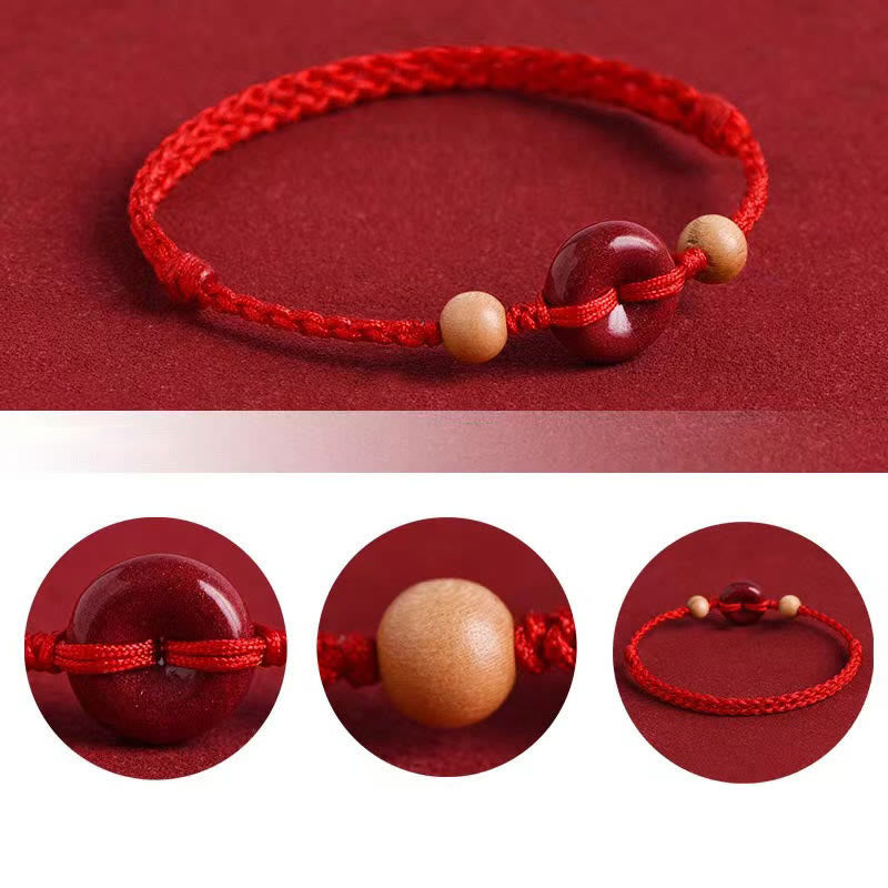 Pulsera tobillera con Buddha Stones, madera de melocotón, hebilla de la paz, hilo de cinabrio y riqueza