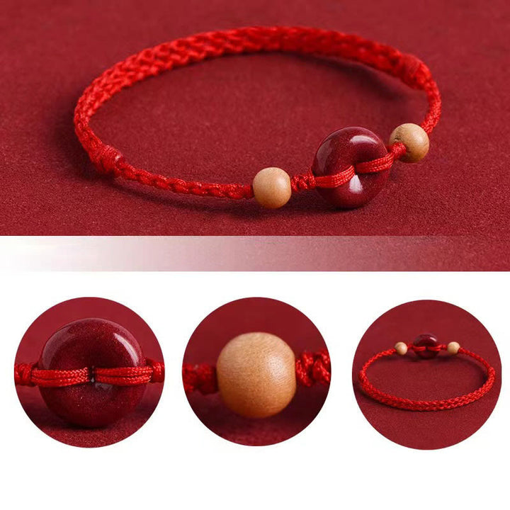 Pulsera tobillera con Buddha Stones, madera de melocotón, hebilla de la paz, hilo de cinabrio y riqueza