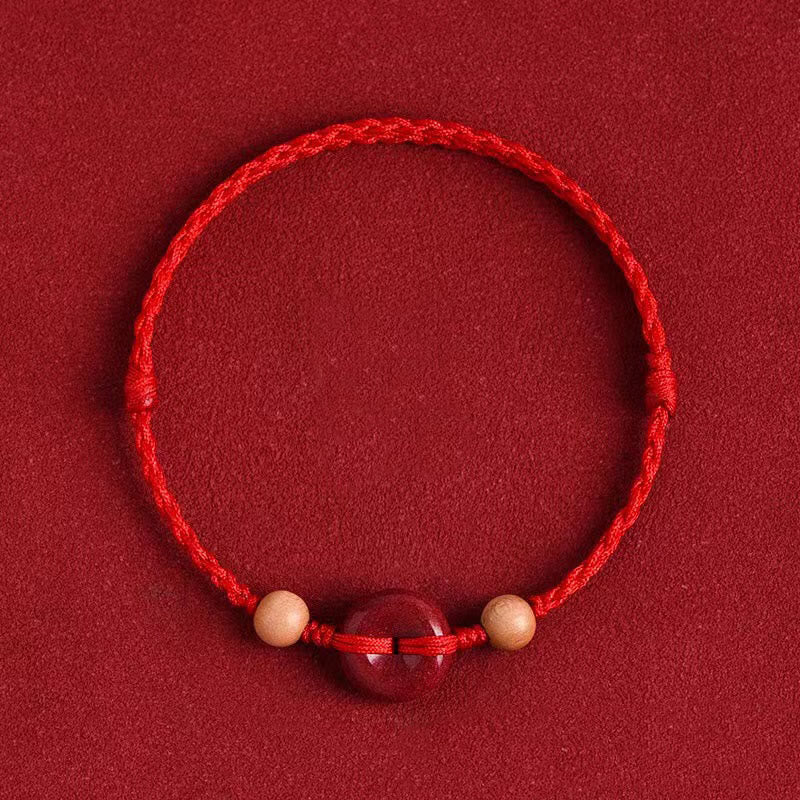 Pulsera tobillera con Buddha Stones, madera de melocotón, hebilla de la paz, hilo de cinabrio y riqueza