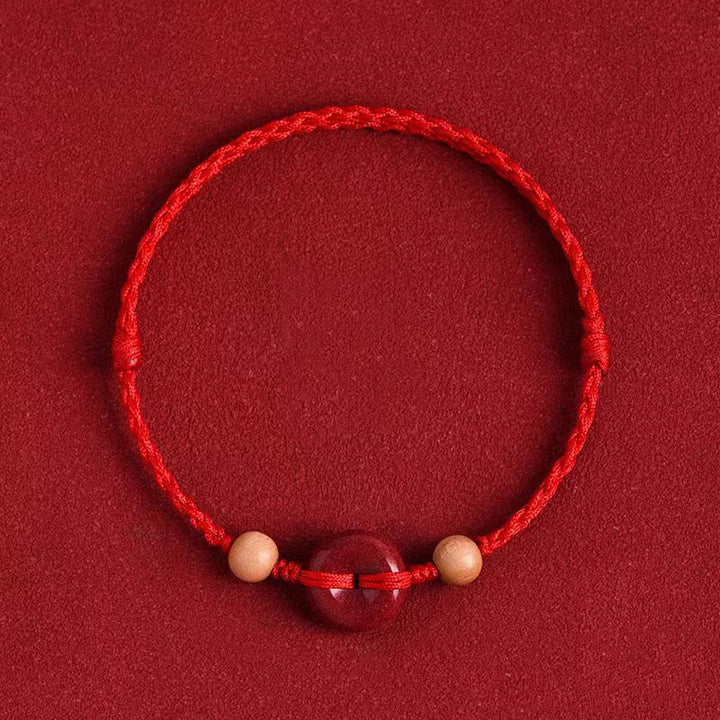 Pulsera tobillera con Buddha Stones, madera de melocotón, hebilla de la paz, hilo de cinabrio y riqueza