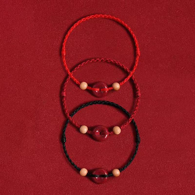 Pulsera tobillera con Buddha Stones, madera de melocotón, hebilla de la paz, hilo de cinabrio y riqueza