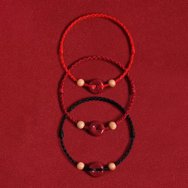 Pulsera tobillera con Buddha Stones, madera de melocotón, hebilla de la paz, hilo de cinabrio y riqueza