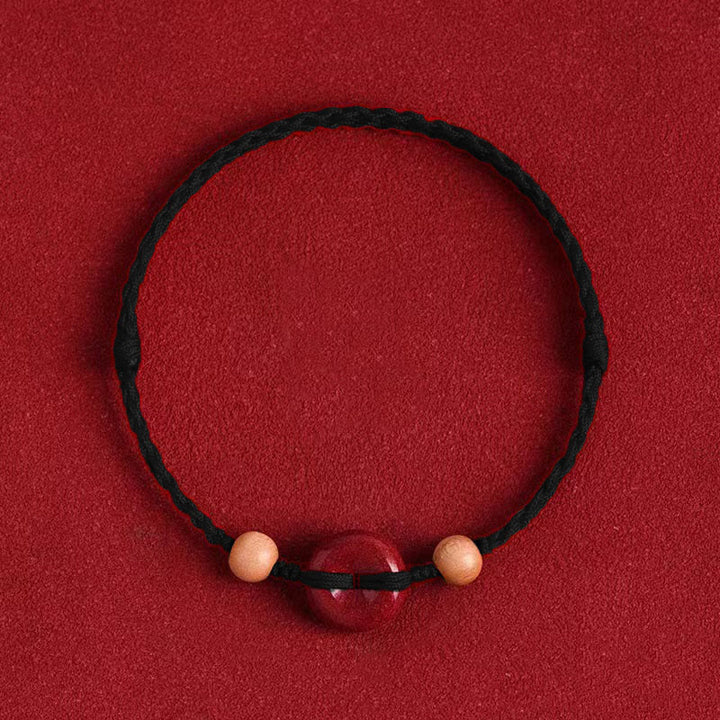 Pulsera tobillera con Buddha Stones, madera de melocotón, hebilla de la paz, hilo de cinabrio y riqueza