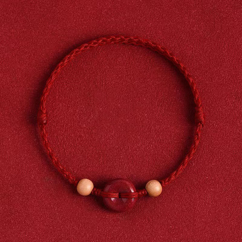 Pulsera tobillera con Buddha Stones, madera de melocotón, hebilla de la paz, hilo de cinabrio y riqueza