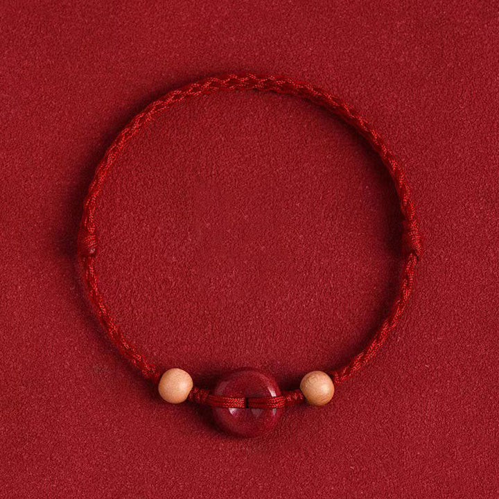 Pulsera tobillera con Buddha Stones, madera de melocotón, hebilla de la paz, hilo de cinabrio y riqueza