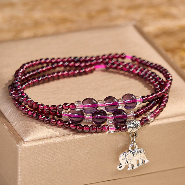 Pulsera de triple vuelta con protección PiXiu, elefante, ábaco y granate natural con Buddha Stones y bolsa de la suerte
