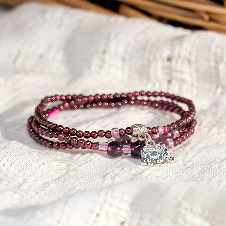 Pulsera de triple vuelta con protección PiXiu, elefante, ábaco y granate natural con Buddha Stones y bolsa de la suerte