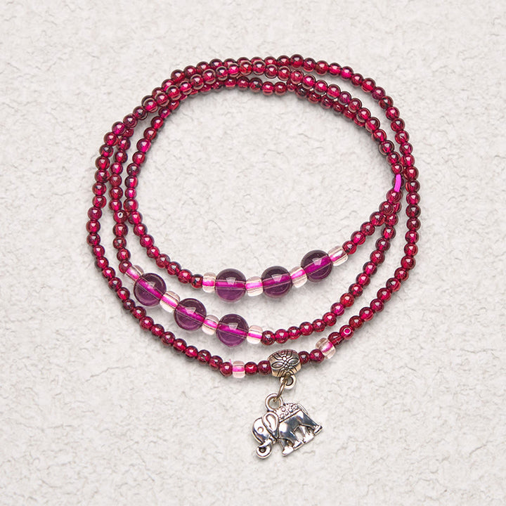 Pulsera de triple vuelta con protección PiXiu, elefante, ábaco y granate natural con Buddha Stones y bolsa de la suerte