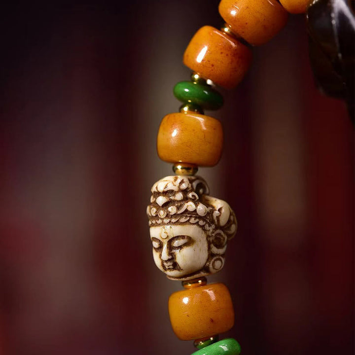 Pulsera de Buddha Stones con cuentas de hueso de camello tibetano natural, cabeza de Buda, protección de la suerte