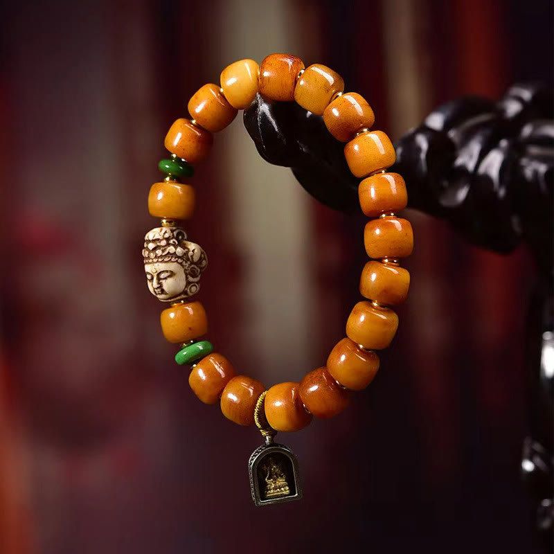 Pulsera de Buddha Stones con cuentas de hueso de camello tibetano natural, cabeza de Buda, protección de la suerte