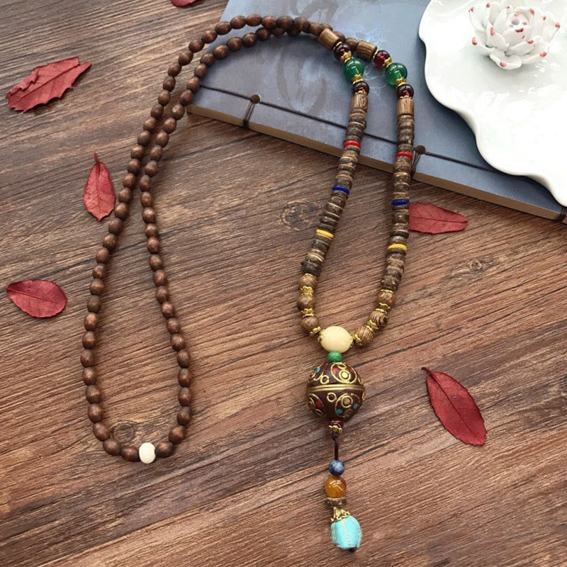 Collar con colgante de equilibrio de cuentas de cobre con mantra brillante de madera de Schima, cáscara de coco tibetano, hecho a mano, con Buddha Stones