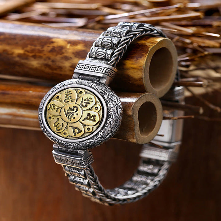 Pulsera de metal con Buddha Stones, hebilla de cobre tibetano, con plataforma giratoria Om Mani Padme Hum y paz