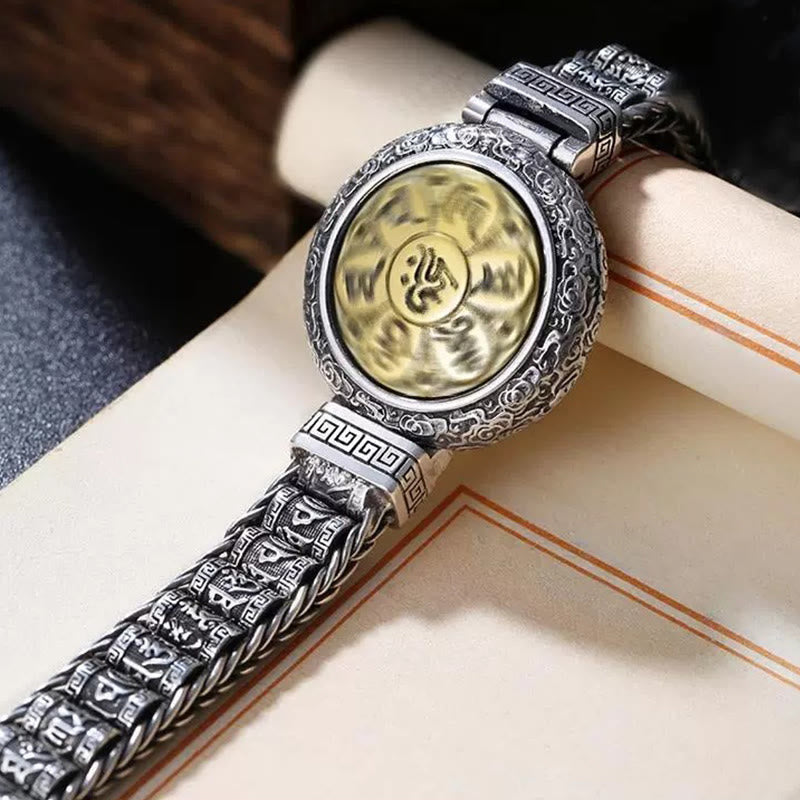 Pulsera de metal con Buddha Stones, hebilla de cobre tibetano, con plataforma giratoria Om Mani Padme Hum y paz