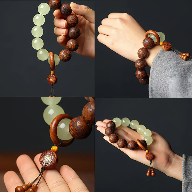 Pulsera de curación con el personaje Pixiu Fu grabado en madera de sappan con Buddha Stones