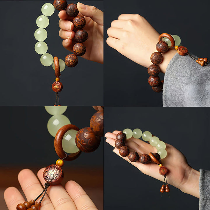 Pulsera de curación con el personaje Pixiu Fu grabado en madera de sappan con Buddha Stones