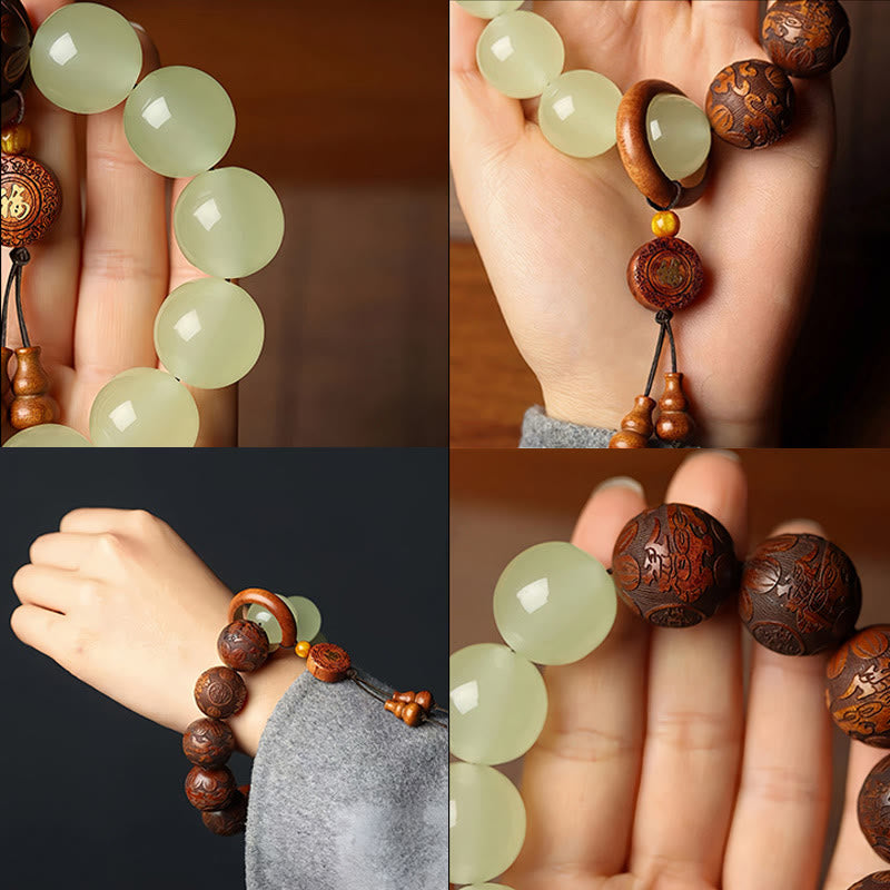 Pulsera de curación con el personaje Pixiu Fu grabado en madera de sappan con Buddha Stones
