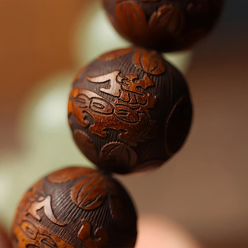 Pulsera de curación con el personaje Pixiu Fu grabado en madera de sappan con Buddha Stones