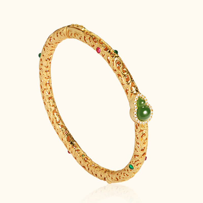 Pulsera de la suerte con calabaza, nubes auspiciosas y Buddha Stones cian bañado en cobre y oro.