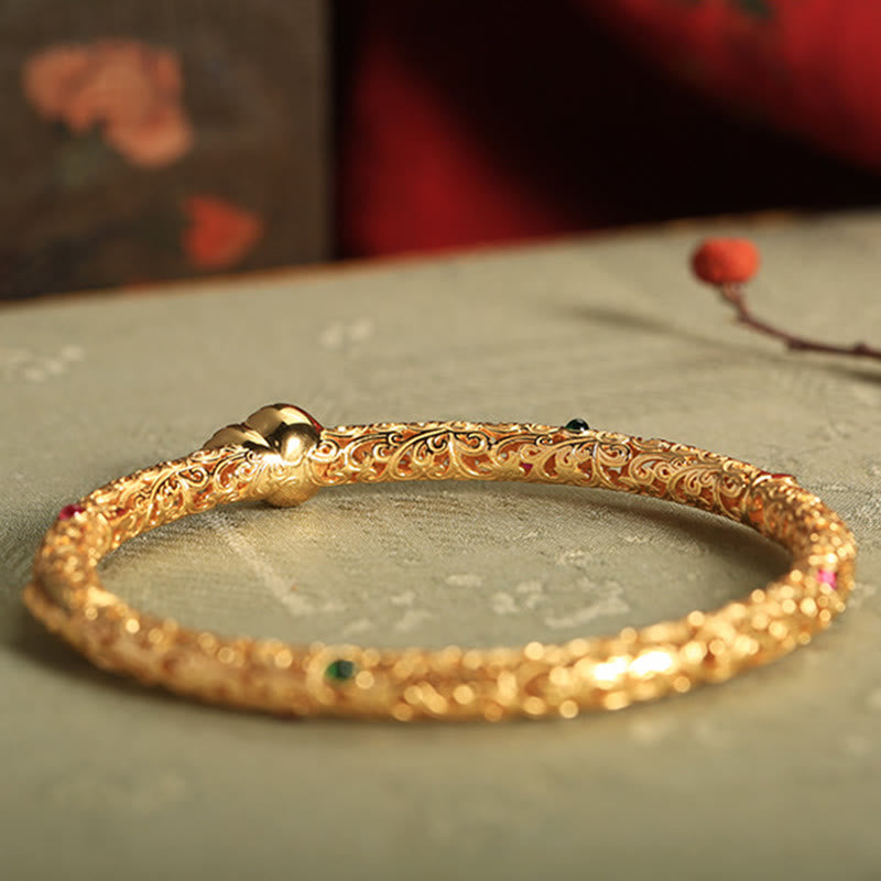 Pulsera de la suerte con calabaza, nubes auspiciosas y Buddha Stones cian bañado en cobre y oro.