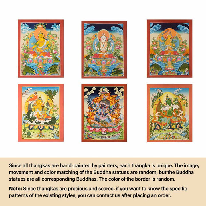 Pintura Thangka tibetana con Buddha Stones , amarilla, Dios de la Riqueza, Tara Avalokitesvara verde, decoración hecha a mano, caja ciega (estilo aleatorio)