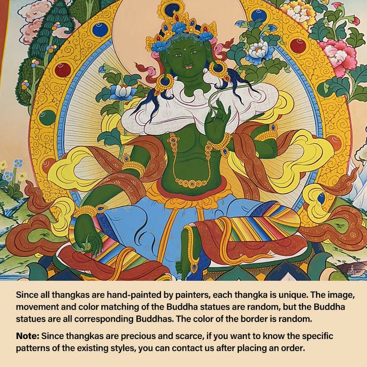 Pintura Thangka tibetana con Buddha Stones , amarilla, Dios de la Riqueza, Tara Avalokitesvara verde, decoración hecha a mano, caja ciega (estilo aleatorio)