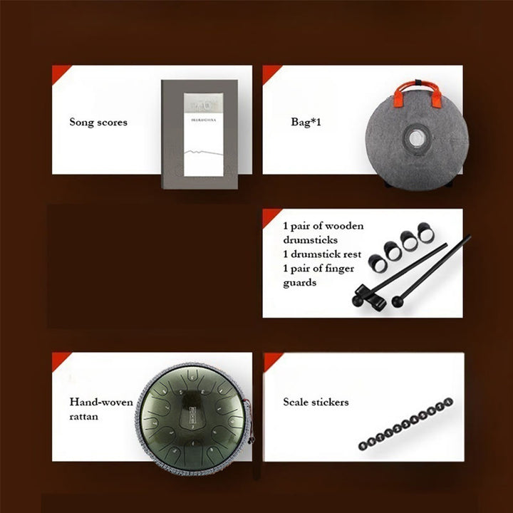 Tambor de lengüeta de acero Buddha Stones, kit de percusión de 12 pulgadas, 13 notas y meditación con sonido curativo