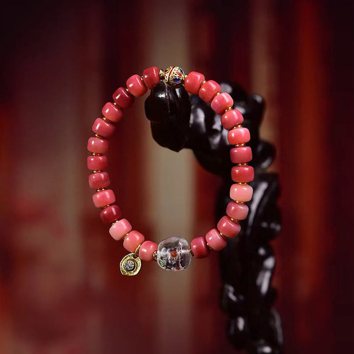 Pulsera de la suerte con Buddha Stones, hueso de camello tibetano, cobre y ágata roja