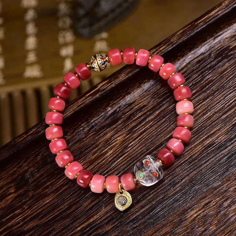 Pulsera de la suerte con Buddha Stones, hueso de camello tibetano, cobre y ágata roja
