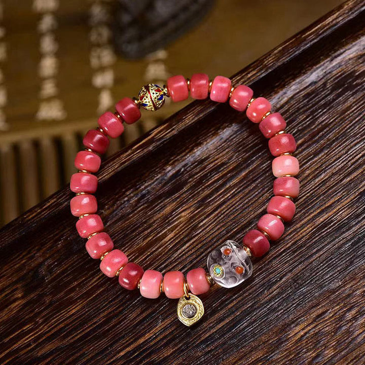 Pulsera de la suerte con Buddha Stones, hueso de camello tibetano, cobre y ágata roja