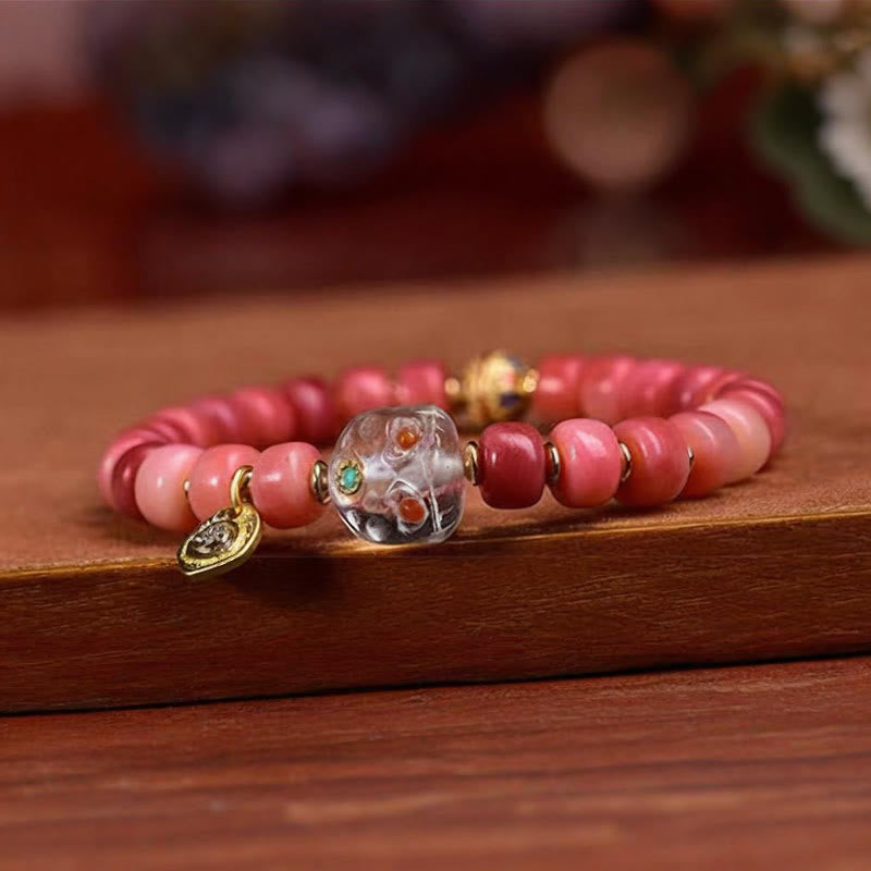 Pulsera de la suerte con Buddha Stones, hueso de camello tibetano, cobre y ágata roja