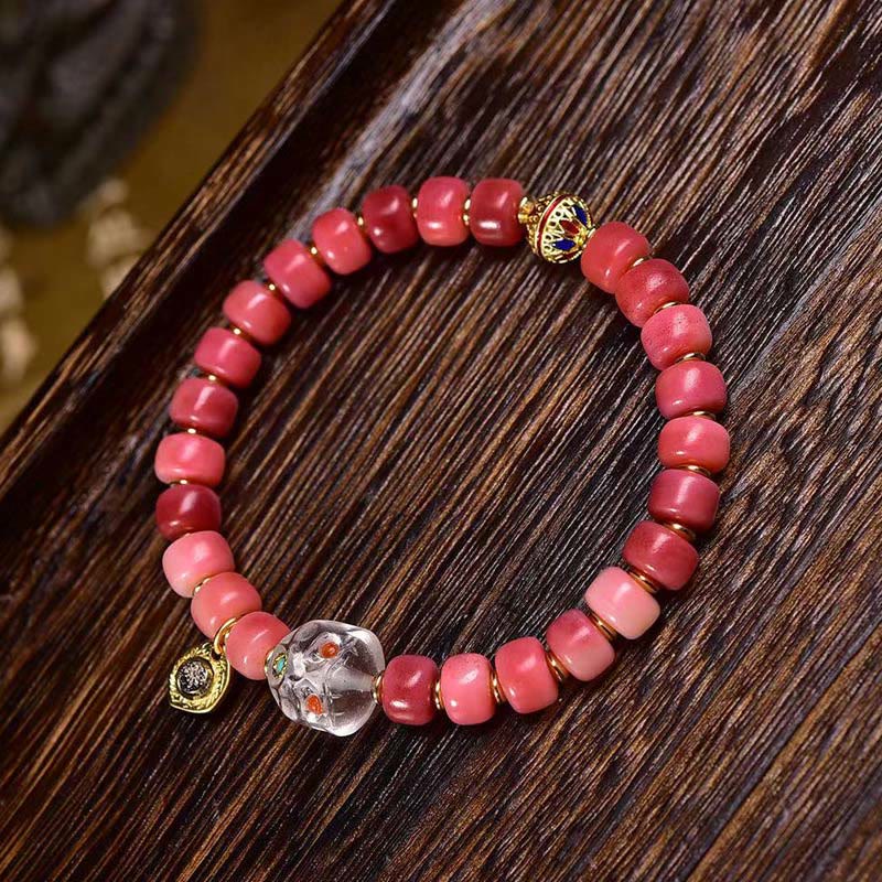 Pulsera de la suerte con Buddha Stones, hueso de camello tibetano, cobre y ágata roja