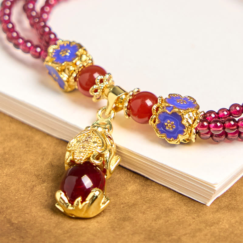 Pulsera multicapa de purificación con flor PiXiu y cuentas de granate natural de 3 mm de Buddha Stones