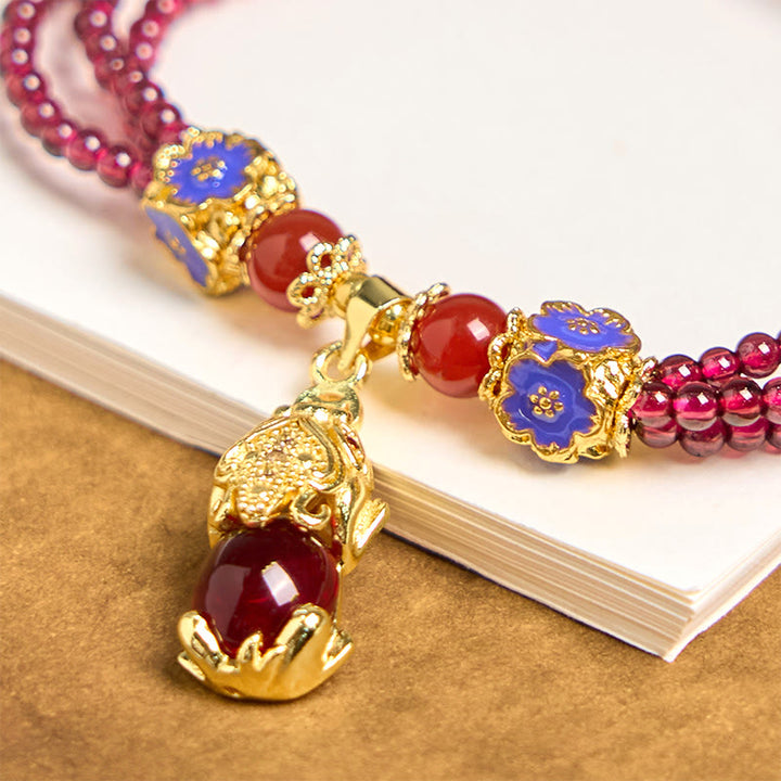 Pulsera multicapa de purificación con flor PiXiu y cuentas de granate natural de 3 mm de Buddha Stones